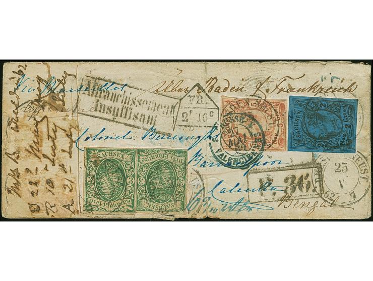 5 Ngr. ziegelrot, 2 Ngr. auf blau und 2 Einzelwerte 1851/63,3 Pfennig grün, mit Doppelkreisstempel Dresden-NEUST. 25 V 62 auf