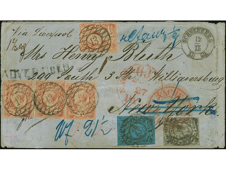 5 Ngr. ziegelrot, 4 Einzelwerte, mit 2 Ngr. auf blau und ½ Ngr.auf mattgrau, mit Nr. "13" und nebengesetztem Doppelkreisstemp