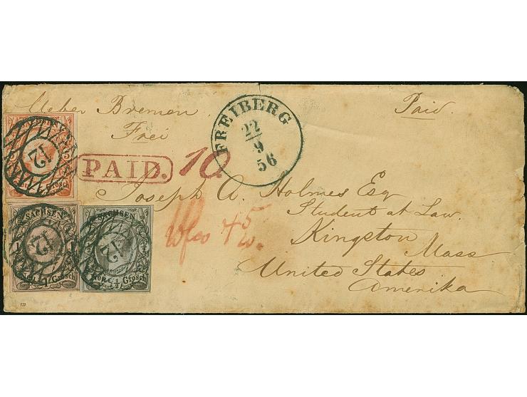 5 Ngr. ziegelrot (links berührt und kleiner Randspalt) mit 1 Neugroschen graurot und ½ Neugroschen grau, mit Nr. "12" und &nb