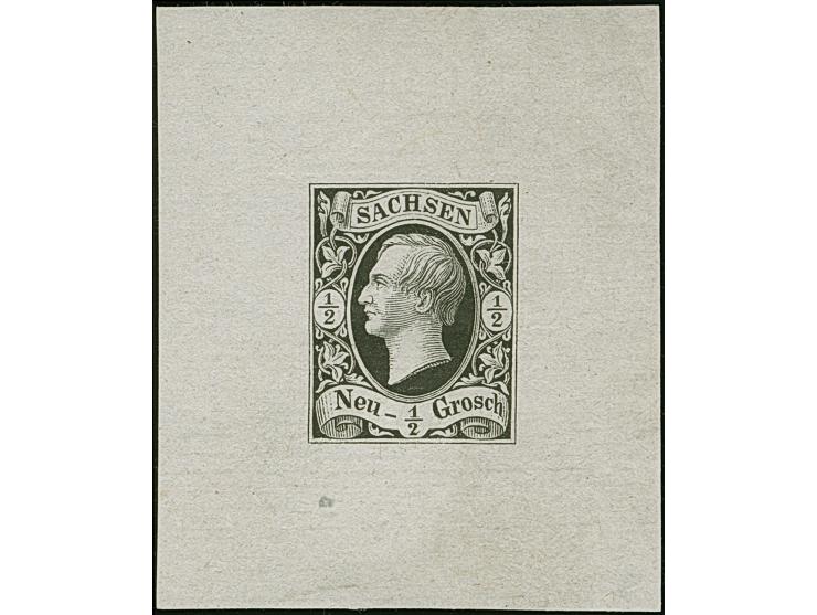 1855, Probedruck der Druckerei Meinhold und Söhne, ½ Ngr., Einzelabzug in schwarz, im Design der vorangeganen Friedrich Augus