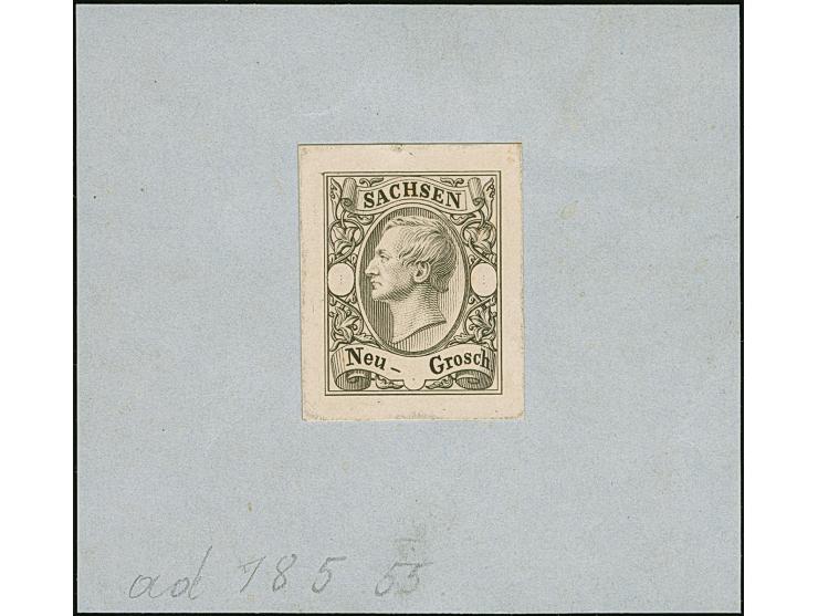 1855, breitrandiger Einzelabzug der Stahlstichvorlage in neuer Zeichnung, ohne Wertziffern, auf Kartonpapier aufgezogen. Nur 