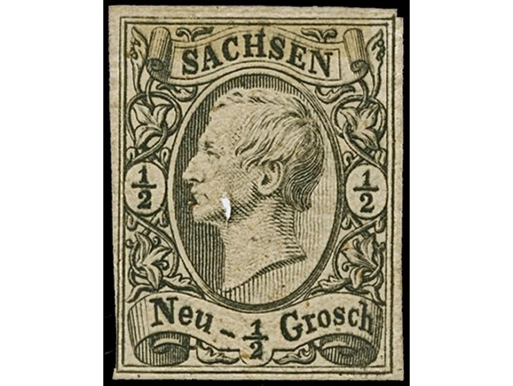 Probedruck ½ Ngr. auf dünnem grauen Pergamentpapier, kleine Beschädigung im Medion (wahrscheinlich durch ausgefallenen Fremdk