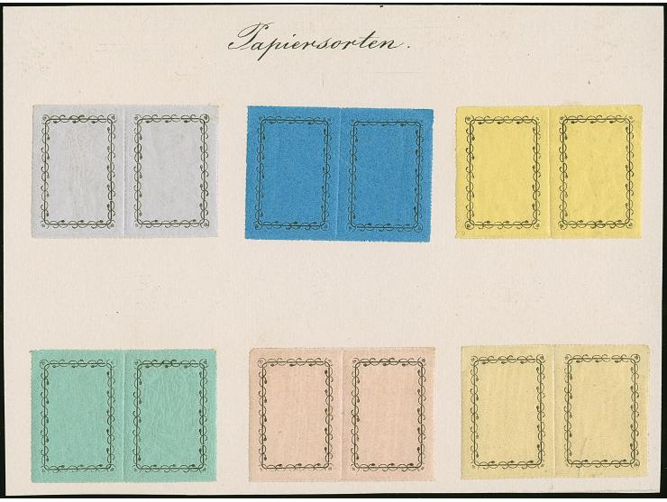 Vorlagestücke der Druckerei Meinhold für das Markenpapier, 6 verschiedenen Farben (dabei die später verausgabten), alle gummi