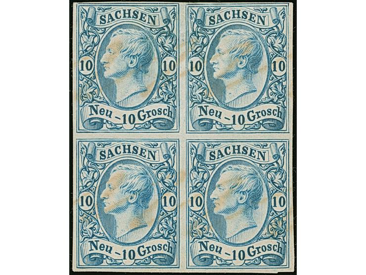Probedruck 10 Ngr. in der verausgabten Farbe, voll-bis breitrandiger Viererblock mit Annullierungsstrichen, auf ungummiertem 