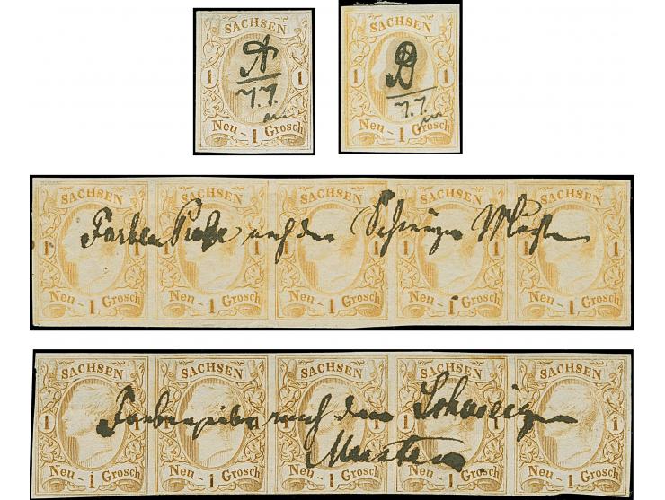 1 Ngr.-Probedrucke nach Vorlage von Schweizer Strubel-Marken in den Farben gelbbraun und gelb, 2 Einzelwerte beschriftet "A/7