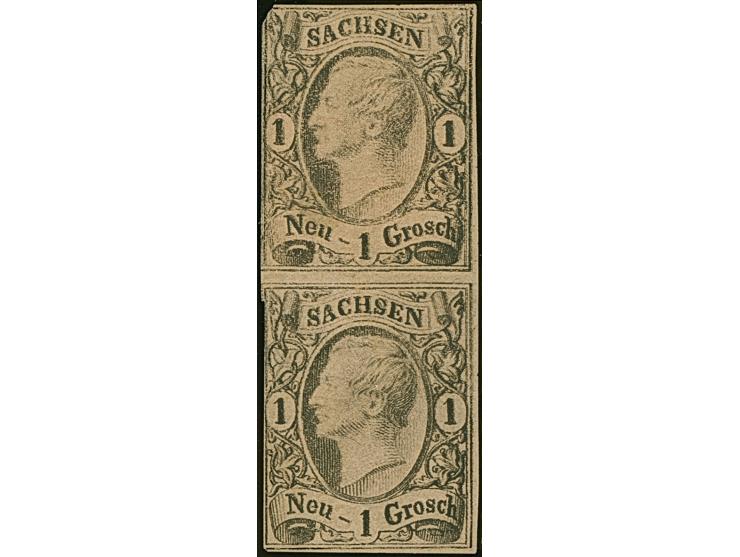 Probedruck der verstählten Druckplatte: &nbsp;1 Ngr. auf braunem Papier, senkrechtes Paar, teils berührt, mit Originalgummi. 