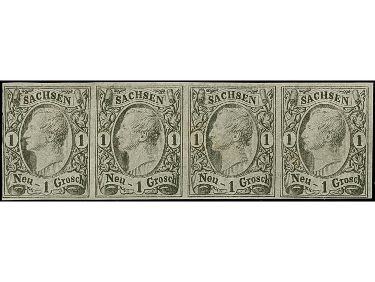 Probedruck der verstählten Druckplatte: &nbsp;1 Ngr. auf weißem Papier, waagerechter Viererstreifen, voll- bis breitrandig, u