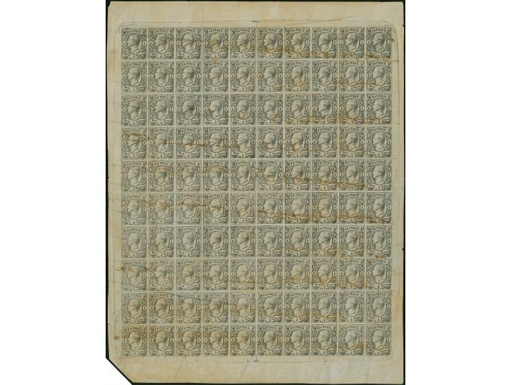 ½ Ngr. in Type II, Abzug des vollständigen Bogens auf dünnem, bräunlichem Papier, mit Platten-Nr. "1" im unteren Bogenrand, e