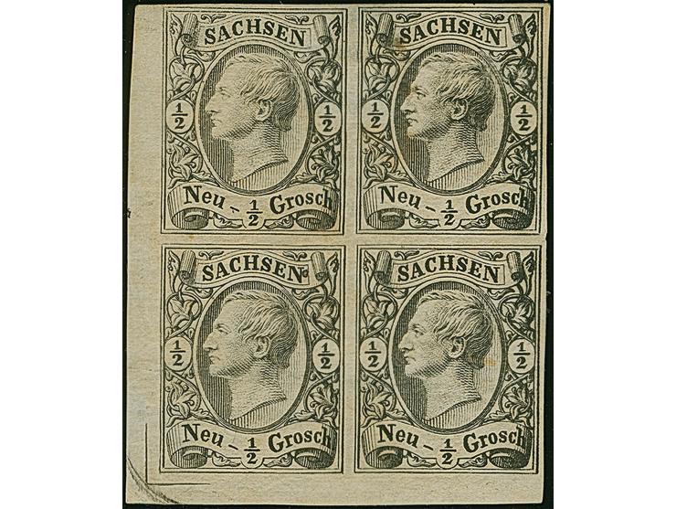 ½ Ngr. auf mattgrau, Eckrandviererblocks aus allen 4 Ecken des Druckbogens, mit breiten Bogenrändern, 3 Stück mit kpl. Eckwin