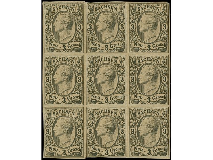 Probedruck 3 Ngr. auf braunem Papier, 9er-Block, meist voll- bis breitrandig, ungummiert, durch die unteren Werte und am ober