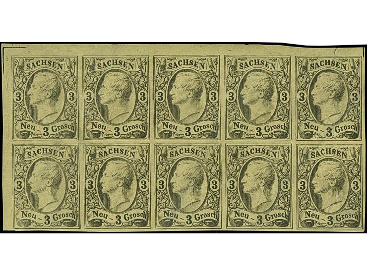 3 Ngr. auf hellgelb, kompletter Schalterbogen von 10 Werten, farbfrisch und breitrandig, oben und links mit enorm breiten Bog