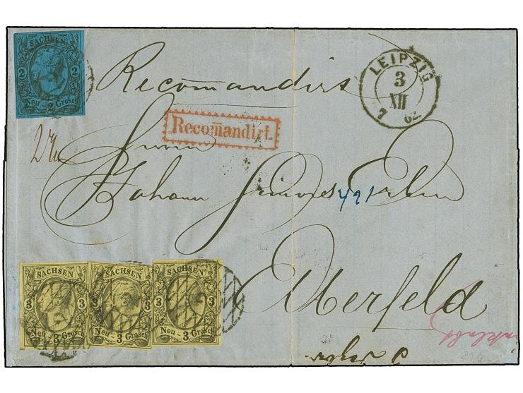 2 Ngr. auf blau und drei Einzelwerte 3 Ngr. auf gelb, 2 Werte winzig berührt, sonst alle voll- bis breitrandig und farbfrisch