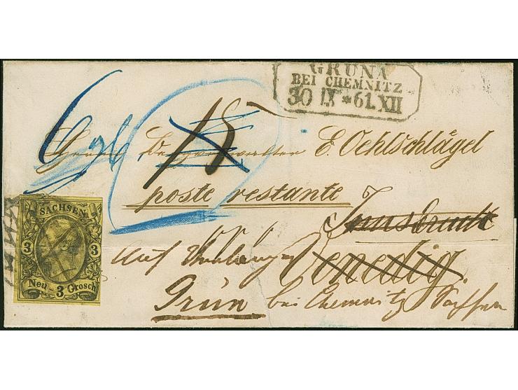 3 Ngr. auf gelb, mit Nr. "119" und Federkreuz, mit &nbsp;sauber nebengesetztem Ra3 "GRÜNA BEI CHEMNITZ 30 IX 61" auf kleiner 