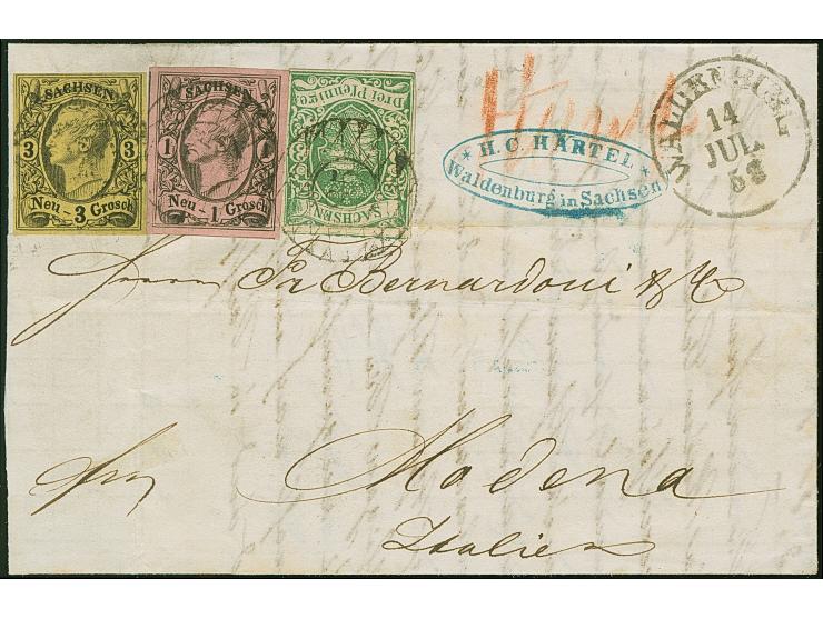 3 Ngr. auf gelb, 1 Ngr. auf mattgraurot und 1851/63, 3 Pfg. grün, alle farbfrisch und voll- bis breitrandig, mit Nr. "85" und