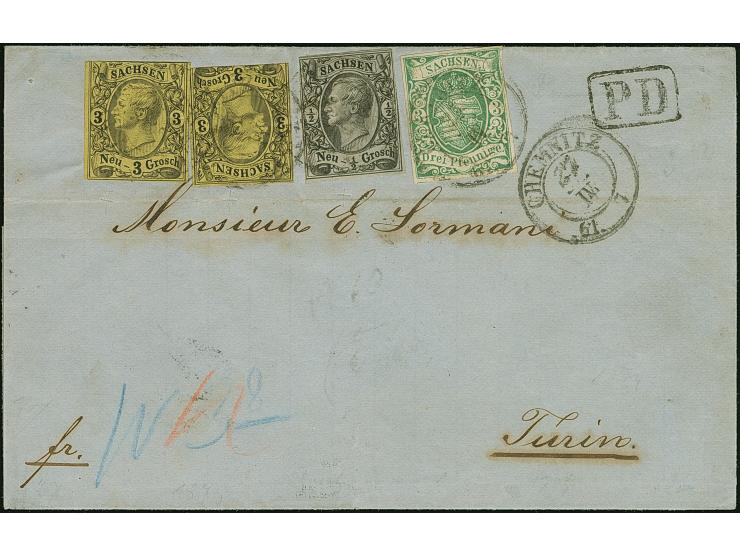 3 Ngr. auf gelb, 2 Einzelwerte, mit ½ Ngr. auf grau und 1851/63, 3 Pfg. grün, letztere voll-bis breitrandig, mit Doppelkreiss