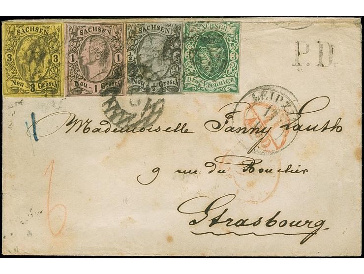 3 Ngr. auf gelb, 1 Ngr. auf mattgraurot, ½ Ngr. auf grau und 1851/63, 3 Pfg. grün, mit Nr. "2" und nebengesetztem Doppelkreis