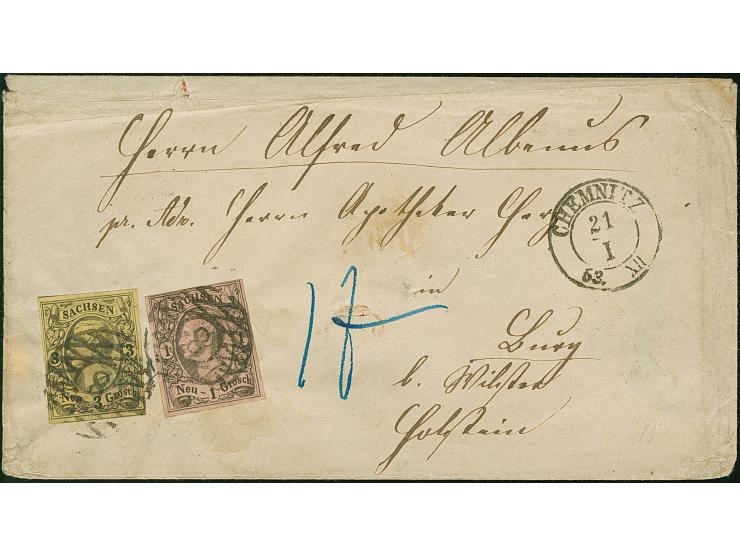 3 Ngr. auf gelb und 1 Ngr. auf mattgraurot, beide voll- bis breitrandig, mit Nr. "8" und sauber nebengesetztem Doppelkreisste