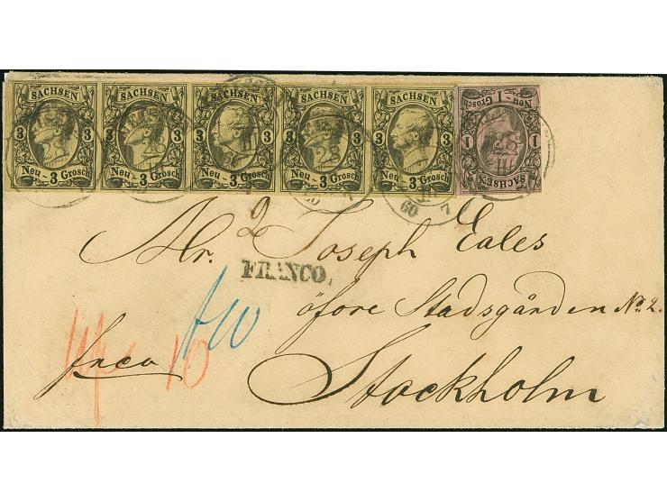 3 Ngr. auf gelb im waagerechten 5er-Streifen, farbfrisch und voll- bis breitrandig, zusammen mit etwas berührter 1 Ngr. auf m