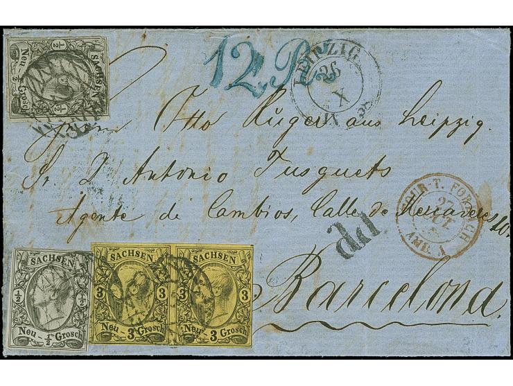 3 Ngr. auf gelb im waagerechten Paar und 2 Einzelwerte ½ Ngr. auf grau, meist voll- bis breitrandig, mit Nr. 2 und sauber neb