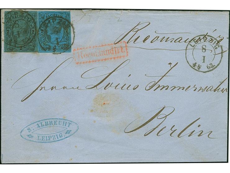 2 Ngr. auf blau, 2 Einzelwerte in verschiedenen Farben und aus unterschiedlichen Auflagen stammend, beide voll-bis breitrandi