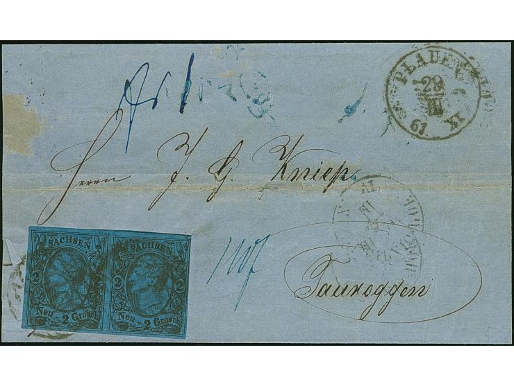 2 Ngr. auf blau im waagerechten Paar, voll- bis breitrandig, mit Nr. "46" und sauber nebengesetztem Einkreisstempel "PLAUEN 2