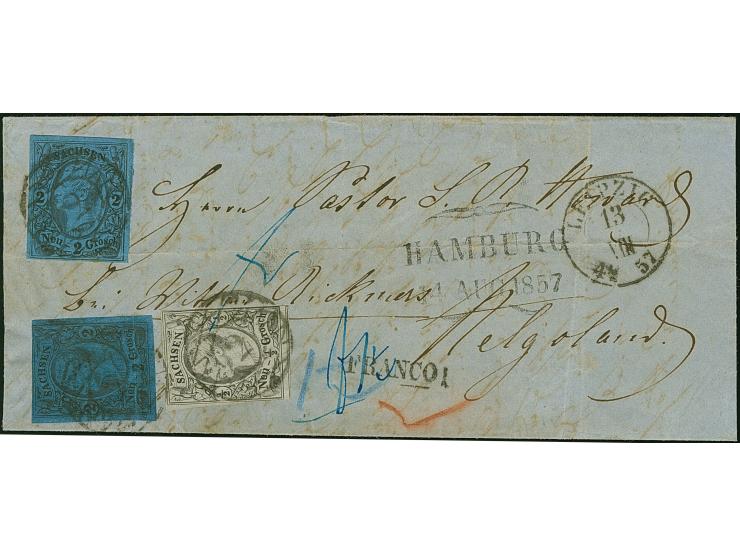 ½ Ngr. auf grau und zwei Einzelwerte 2 Ngr. auf blau, teils berührt, meist voll- bis breitrandig, mit Nr. "2" und nebengesetz