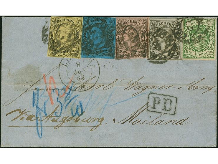 ½ Ngr. auf mattgrau, 1 Ngr. auf graurot, 2 Ngr. auf blau und 3 Ngr. auf gelb und 1851/63, 3 Pfg. grün, als Streifen geklebt m