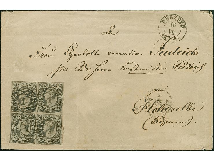 ½ Ngr. auf grau im Viererblock, noch voll- bis breitrandig (eventuell winzig berührt), mit Nr. "1" und sauber nebengesetztem 