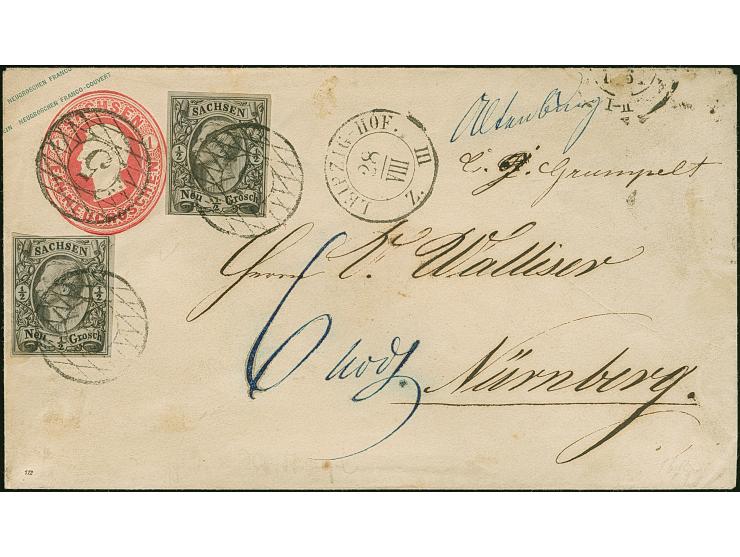 ½ Ngr. auf grau, 2 Einzelwerte (eine oben etwas berührt) als Zufrankatur auf Ganzsachenumschlag 1 Ngr. rosa, mit Nr. "5" (gro