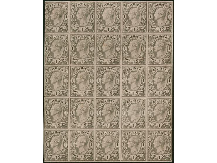 1 Ngr. auf rosa im senkrechten 25er-Block, links oben etwas berührt, sonst voll-bis breitrandig, ungebraucht ohne Gummi mit s