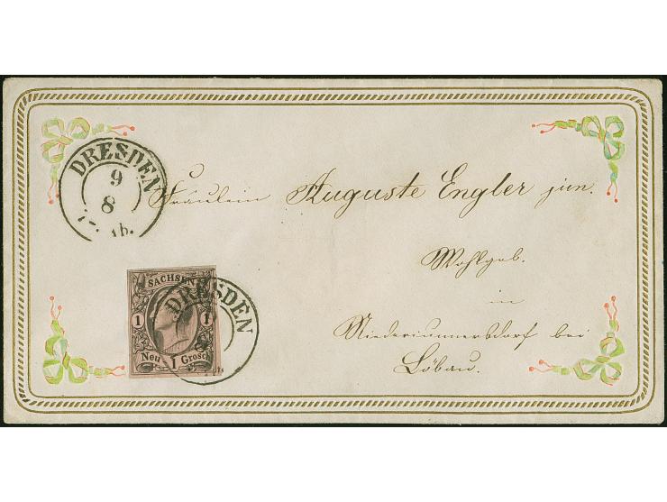 1 Ngr. auf mattgraurot mit sauber auf- und nebengesetztem Doppelkreisstempel "DRESDEN 9 8" auf Zierbrief mit in Gold geprägte