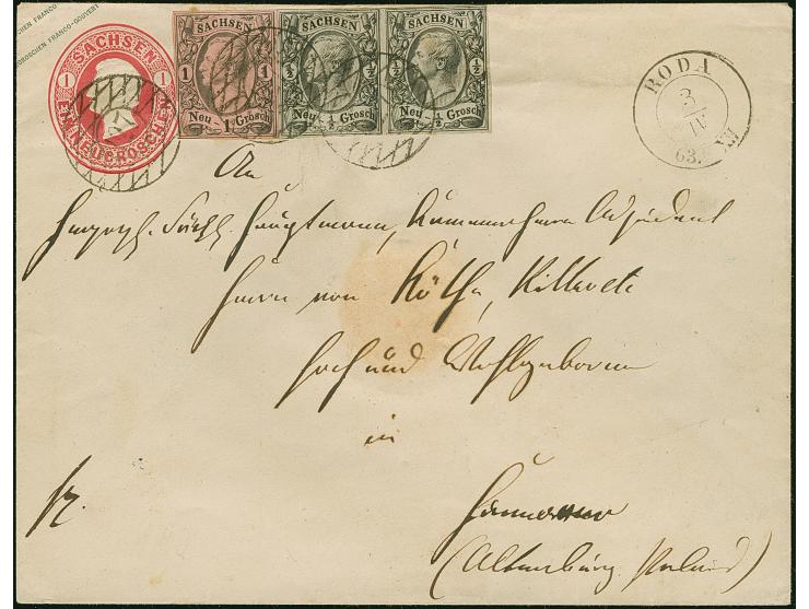 ½ Ngr. auf grau, waagerechtes Paar und 1 Ngr. auf mattgraurot, letztere links unten berührt, sonst alle voll- bis breitrandig