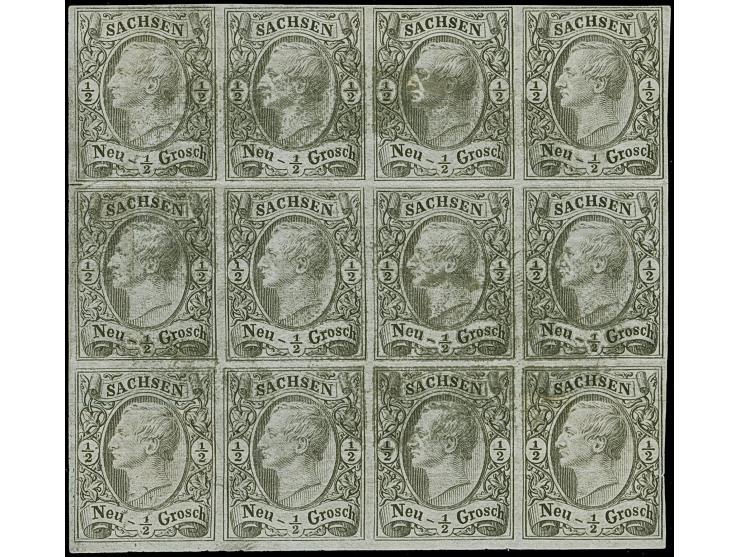 ½ Ngr. auf grau, Type I, waagerechter 12-Block, voll- bis breitrandig, ungebraucht mit nicht originalem Gummi, einmal zwische