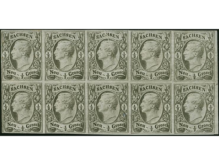 ½ Ngr. auf grau, Type I, kompletter Schalterbogen von 10 Marken, die beiden linken Werte etwas berührt, sonst, voll- bis brei