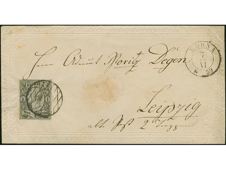 ½ Ngr. auf grau, Type I, voll- bis breitrandig, mit Nr. "21" und sauber nebengesetztem Doppelkreisstempel "BORNA 7/VI 59" auf