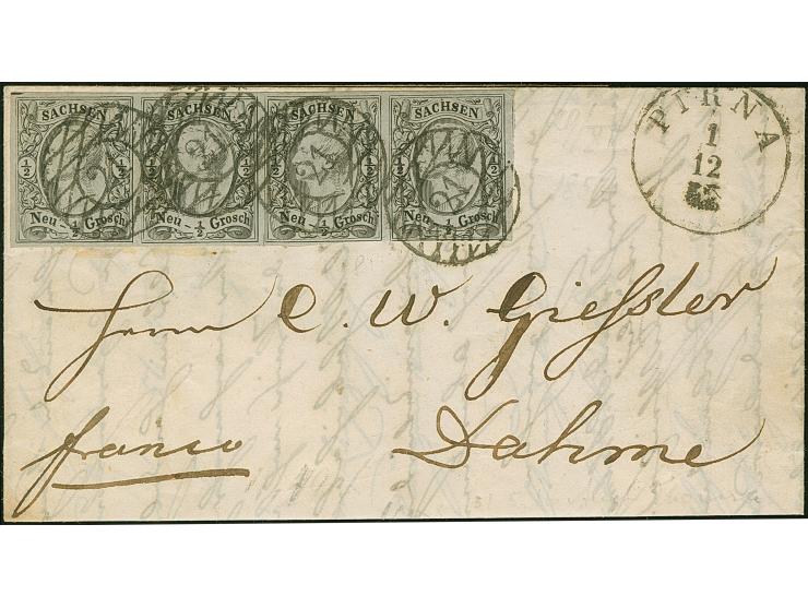 ½ Ngr. auf grau, Type I, waagerechter 4er-Streifen, das rechte Paar unten leicht berührt, sonst voll- bis breitrandig, mit kl