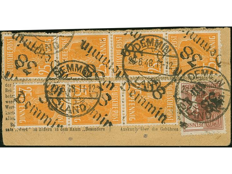 “38/Demmin Land” auf Arbeiter 60 Pfg. sowie “38/Demmin” auf Arbeiter 25 Pfg. im 3er- sowie einem 4er-Streifen, sauber gestemp