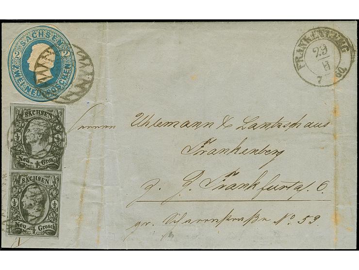 ½ Ngr. auf grau, Type I, senkrechtes Paar, voll- bis breitrandig, in Mischfrankatur mit Ganzsachenausschnitt 2 Ngr. blau, run