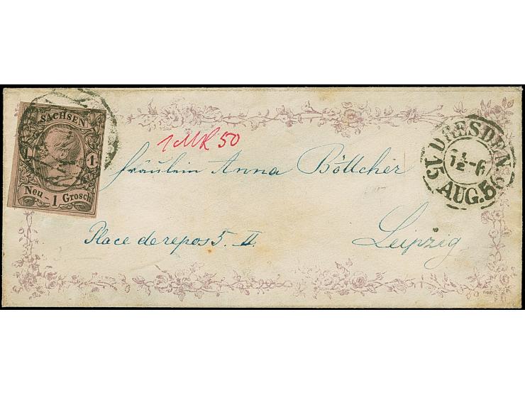 1 Ngr. auf mattgraurot, Type I, voll- bis breitrandig, mit Nr. "1" und nebengesetztem Doppelkreisstempel "DRESDEN 15 AUG 56" 