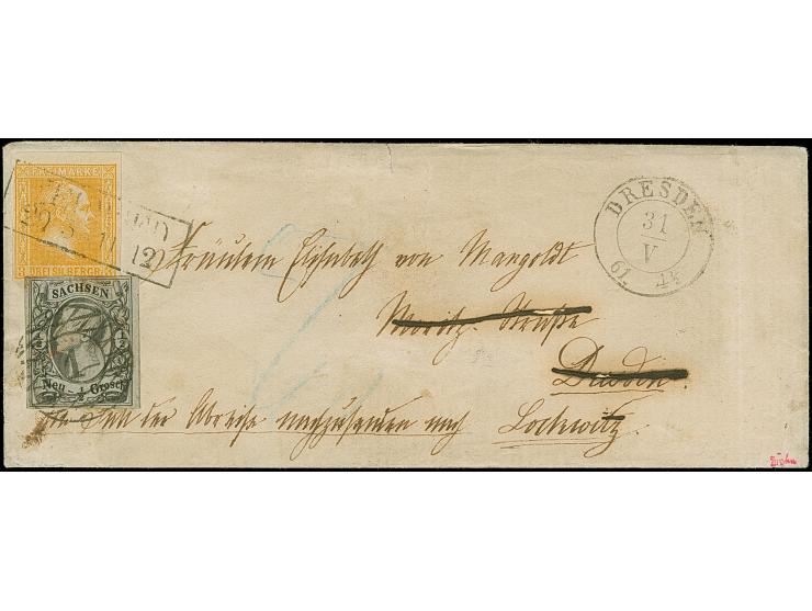 ½ Ngr. auf grau, Type I, voll- bis breitrandig, mit Nr. "1" und nebengesetztem Doppelkreisstempel "DRESDEN 31/V 61", als Nach