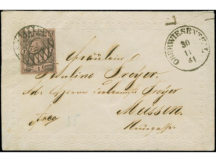 1 Ngr. auf mattgraurot, voll- bis breitrandig, mit Nr. "159" und nebengesetztem Einkreisstempel "OBERWIESENTHAL 30 11 61" auf