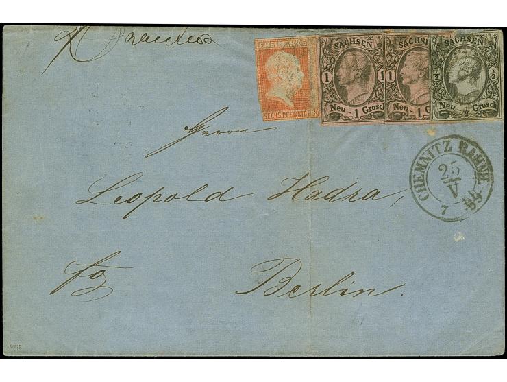 ½ Ngr. auf grau und 2 Einzelwerte 1 Ngr. auf mattgraurot, alle Type I, zusammen mit Preußen 1850, ½ Sgr. rotorange, mit Nr."8