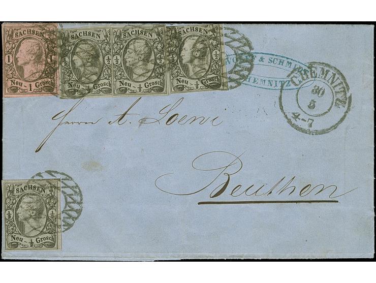 ½ Ngr. auf grau, Type I, 4 Einzelwerte, mit 1 Ngr. auf mattgraurot, Type I, meist voll- bis breitrandig, mit Nr. "8" und nebe