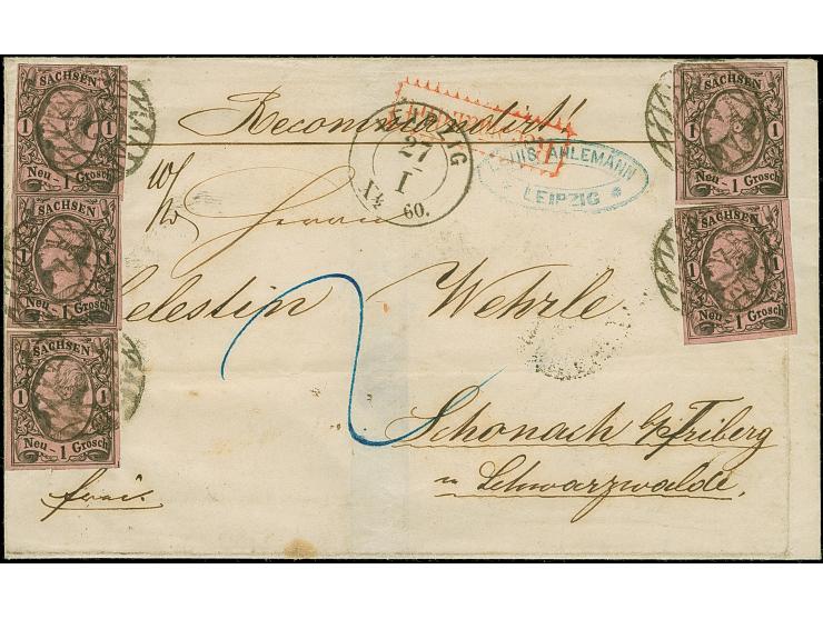 1 Ngr. auf mattgraurot, 5 Einzelwerte, meist voll- bis breitrandig, mit klar aufgesetzter Nr. "2" auf Reco-Briefhülle mit neb