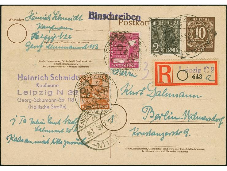 “27/Leipzig 2” auf Karte Ziffern 10 Pfg., mit Zufrankatur 2, 24 und 40 Pfg., mit verschiedenen Aufdrucken, als R-Karte von “L