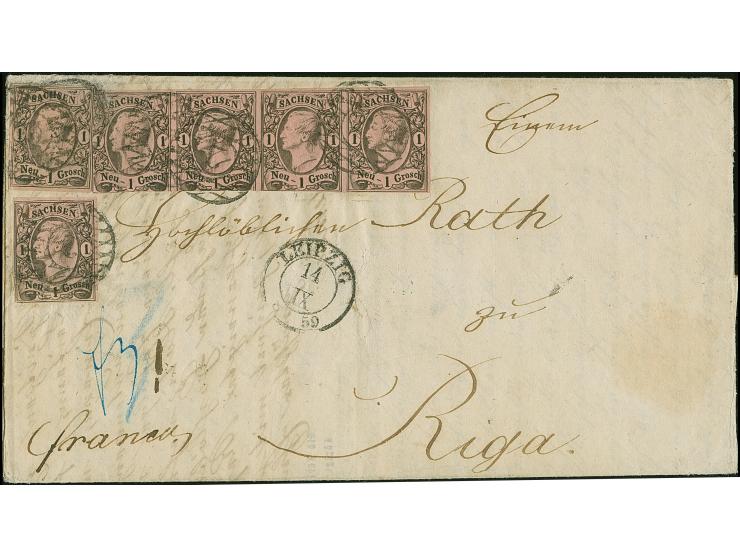 1 Ngr. auf mattgraurot, waagerechter 4er-Streifen und 2Einzelstücke, mit Nr. "2" und sauber nebengesetztem Doppelkreisstempel