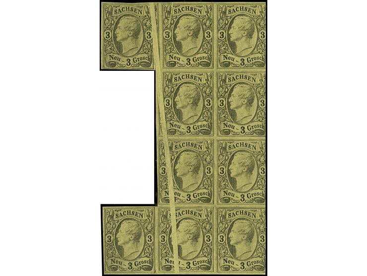 3 Ngr. auf gelb, unregelmäßiger senkrechter 10er-Block mit markanter Druckfalte über 4 Werte gehend; ungummiert. Ein interess