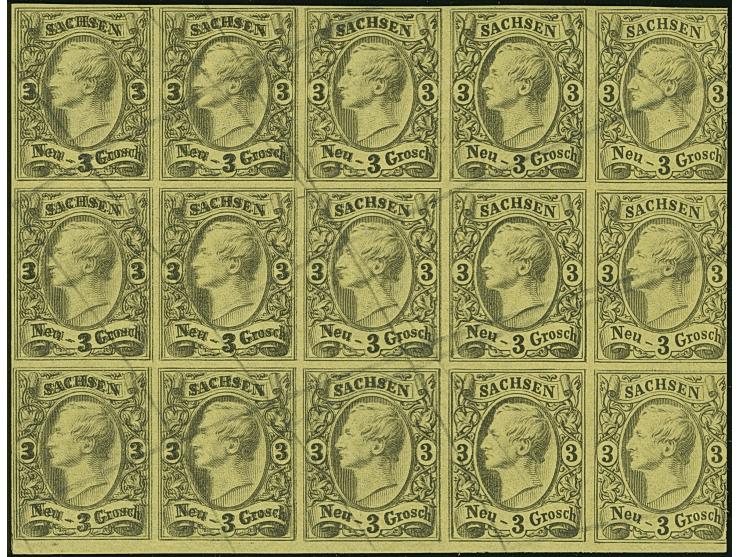 3 Ngr. auf gelb, waagerechter 15er-Block, dabei die linken 6 Werte mit Schmitz Druck, ungummiert, mit Annullierungsstrichen. 