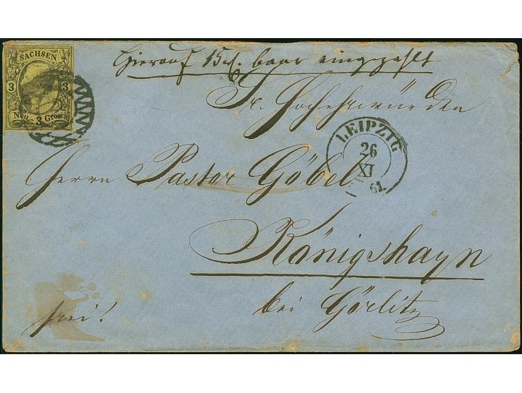 3 Ngr. auf dunkelgelb , voll-bis breitrandig, mit Nr. "2" und sauber nebengesetztem Doppelkreisstempel "LEIPZIG 26 XI 61" auf