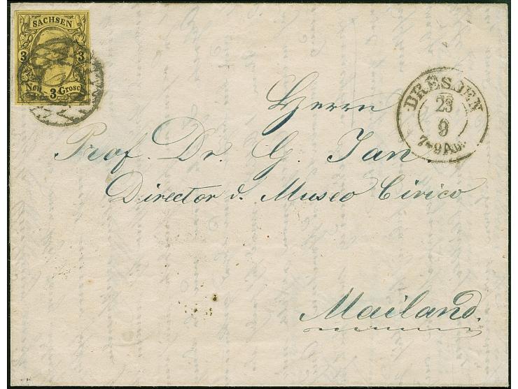 3 Ngr. auf gelb, voll- bis breitrandig, mit Nr. "2" und sauber nebengesetztem Doppelkreisstempel "DRESDEN 23 9" (1856) auf ko